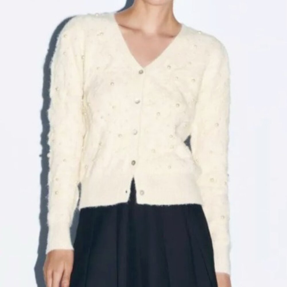 Zara Pearl Textured Knit Cardigan - Cream